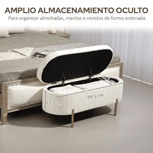 HOMCOM Banco para Pé de Cama em Veludo com Arrumação, Pés Dourados, 108x44x43,5 cm, Branco Creme