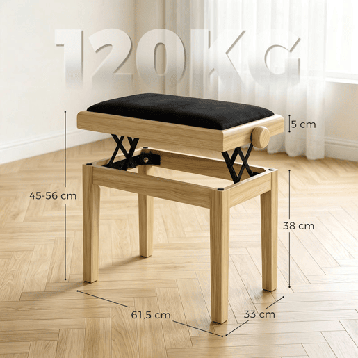 HOMCOM Banco para Piano Ajustável 45-56 cm, Banqueta Acolchoada em Veludo com Pernas em Madeira Natural