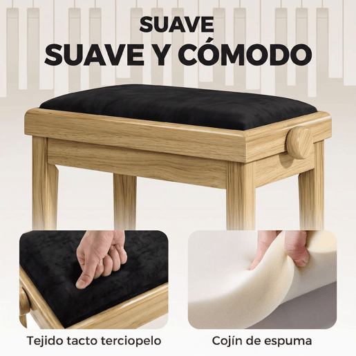 HOMCOM Banco para Piano Ajustável 45-56 cm, Banqueta Acolchoada em Veludo com Pernas em Madeira Natural