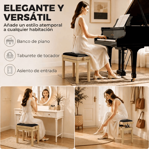 HOMCOM Banco para Piano Ajustável 45-56 cm, Banqueta Acolchoada em Veludo com Pernas em Madeira Natural