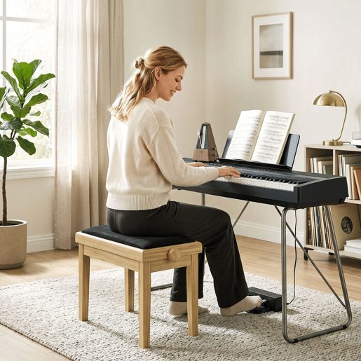 HOMCOM Banco para Piano Ajustável 45-56 cm, Banqueta Acolchoada em Veludo com Pernas em Madeira Natural