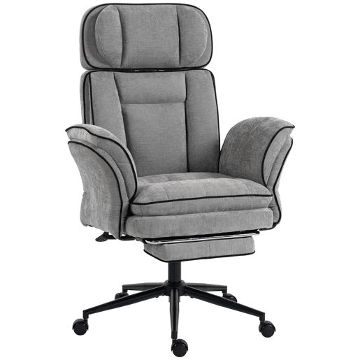 HOMCOM Cadeira de Escritório Ergonómica em Chenille com Apoio para os Pés, Apoios de Braços Rebatíveis, Encosto Alto Reclinável 145° e Apoio de Cabeça Ajustável, Cinzento HOMCOM Cadeira de Escritório Ergonómica em Chenille com Apoio para os Pés, Apoios de Braços Rebatíveis, Encosto Alto Reclinável 145° e Apoio de Cabeça Ajustável, Cinzento