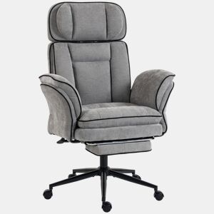 HOMCOM Cadeira de Escritório Ergonómica em Chenille com Apoio para os Pés, Apoios de Braços Rebatíveis, Encosto Alto Reclinável 145° e Apoio de Cabeça Ajustável, Cinzento