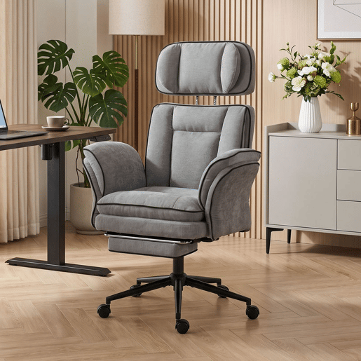 HOMCOM Cadeira de Escritório Ergonómica em Chenille com Apoio para os Pés, Apoios de Braços Rebatíveis, Encosto Alto Reclinável 145° e Apoio de Cabeça Ajustável, Cinzento HOMCOM Cadeira de Escritório Ergonómica em Chenille com Apoio para os Pés, Apoios de Braços Rebatíveis, Encosto Alto Reclinável 145° e Apoio de Cabeça Ajustável, Cinzento