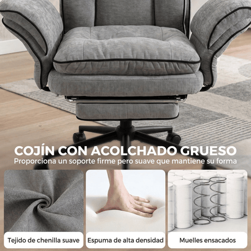 HOMCOM Cadeira de Escritório Ergonómica em Chenille com Apoio para os Pés, Apoios de Braços Rebatíveis, Encosto Alto Reclinável 145° e Apoio de Cabeça Ajustável, Cinzento HOMCOM Cadeira de Escritório Ergonómica em Chenille com Apoio para os Pés, Apoios de Braços Rebatíveis, Encosto Alto Reclinável 145° e Apoio de Cabeça Ajustável, Cinzento