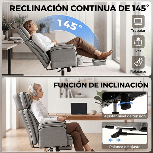 HOMCOM Cadeira de Escritório Ergonómica em Chenille com Apoio para os Pés, Apoios de Braços Rebatíveis, Encosto Alto Reclinável 145° e Apoio de Cabeça Ajustável, Cinzento HOMCOM Cadeira de Escritório Ergonómica em Chenille com Apoio para os Pés, Apoios de Braços Rebatíveis, Encosto Alto Reclinável 145° e Apoio de Cabeça Ajustável, Cinzento