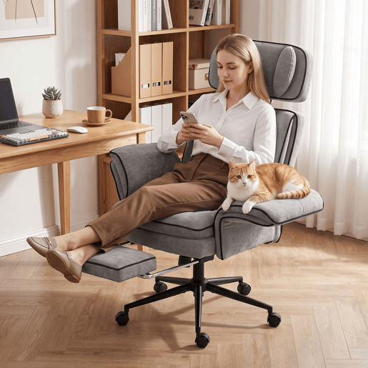 HOMCOM Cadeira de Escritório Ergonómica em Chenille com Apoio para os Pés, Apoios de Braços Rebatíveis, Encosto Alto Reclinável 145° e Apoio de Cabeça Ajustável, Cinzento HOMCOM Cadeira de Escritório Ergonómica em Chenille com Apoio para os Pés, Apoios de Braços Rebatíveis, Encosto Alto Reclinável 145° e Apoio de Cabeça Ajustável, Cinzento