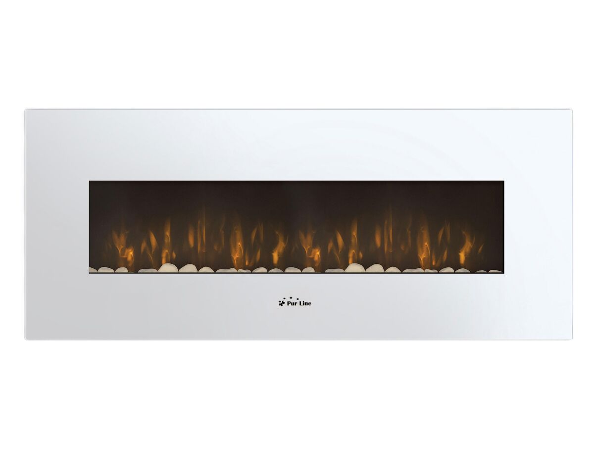 Chimenea de 2000w y bajo consumo. diseño panorámico en cristal templado negro y panel frontal curvado. con sistema de leds laterales de 8 colores a elegir. tiene panel de control y mando a distancia con termostato ajustable. no encastrable.