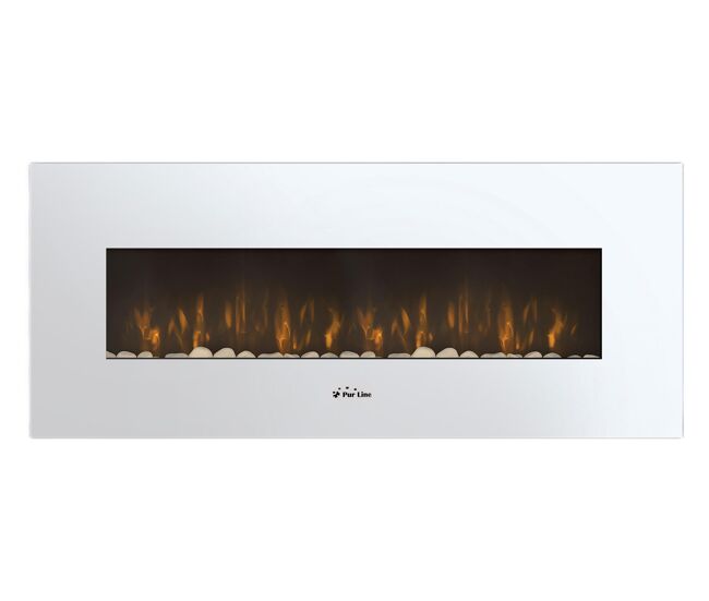 Chimenea de 2000w y bajo consumo. diseño panorámico en cristal templado negro y panel frontal curvado. con sistema de leds laterales de 8 colores a elegir. tiene panel de control y mando a distancia con termostato ajustable. no encastrable.