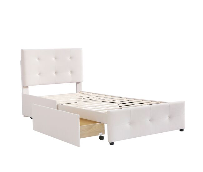Cama tapizada de 90×200 cm en terciopelo beige, cabecero regulable, 2 cajones y somier de láminas, estilo escandinavo