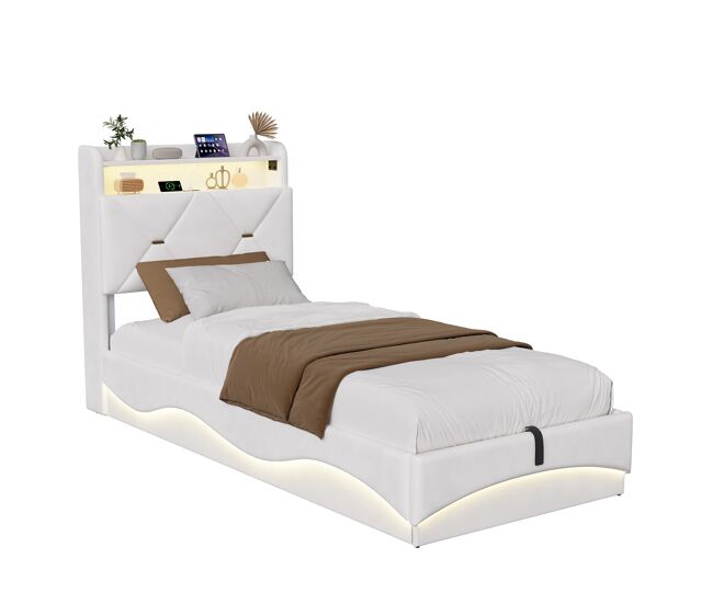 Cama de almacenamiento de 90×200 cm en terciopelo beige, cabecero con estantes, iluminación LED RGB en cabecero y piecero, USB-C, elevación hidráulica y somier