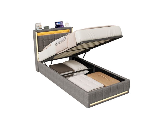Cama lino hidráulica, almacenamiento, RGB, USB-C 98x208