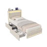 Cama individual de 90×200 cm em linho bege, cabeceira e peseira com LED, portos USB e USB-C, 2 gavetas metálicas e base de ripas