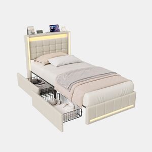 Cama individual de 90×200 cm em linho bege, cabeceira e peseira com LED, portos USB e USB-C, 2 gavetas metálicas e base de ripas