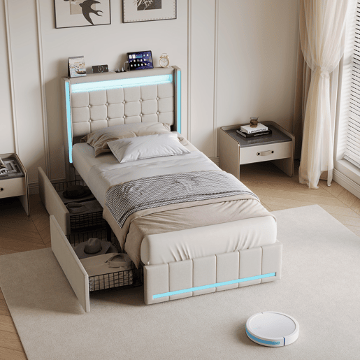 Cama individual de 90×200 cm em linho bege, cabeceira e peseira com LED, portos USB e USB-C, 2 gavetas metálicas e base de ripas Cama individual de 90×200 cm em linho bege, cabeceira e peseira com LED, portos USB e USB-C, 2 gavetas metálicas e base de ripas