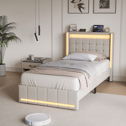 Cama individual de 90×200 cm em linho bege, cabeceira e peseira com LED, portos USB e USB-C, 2 gavetas metálicas e base de ripas Cama individual de 90×200 cm em linho bege, cabeceira e peseira com LED, portos USB e USB-C, 2 gavetas metálicas e base de ripas