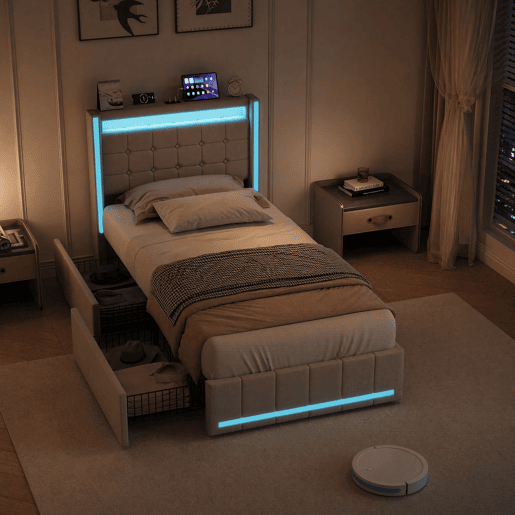 Cama individual de 90×200 cm em linho bege, cabeceira e peseira com LED, portos USB e USB-C, 2 gavetas metálicas e base de ripas Cama individual de 90×200 cm em linho bege, cabeceira e peseira com LED, portos USB e USB-C, 2 gavetas metálicas e base de ripas