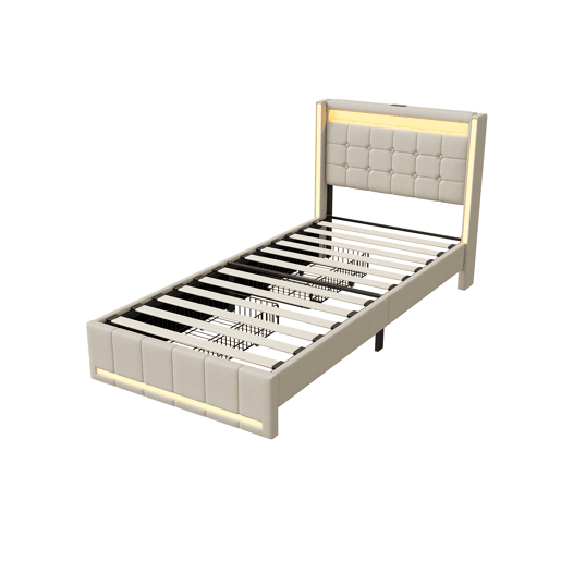 Cama individual de 90×200 cm em linho bege, cabeceira e peseira com LED, portos USB e USB-C, 2 gavetas metálicas e base de ripas Cama individual de 90×200 cm em linho bege, cabeceira e peseira com LED, portos USB e USB-C, 2 gavetas metálicas e base de ripas