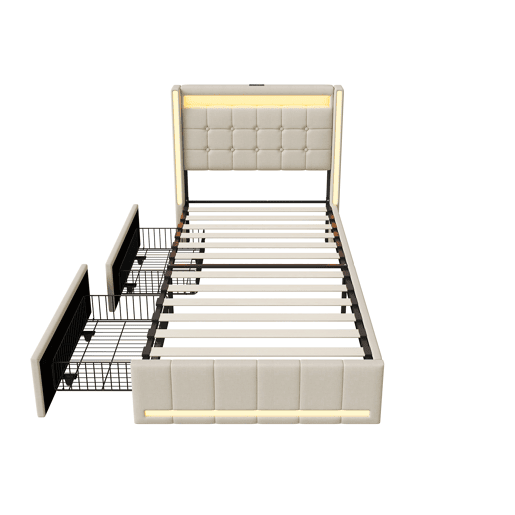 Cama individual de 90×200 cm em linho bege, cabeceira e peseira com LED, portos USB e USB-C, 2 gavetas metálicas e base de ripas Cama individual de 90×200 cm em linho bege, cabeceira e peseira com LED, portos USB e USB-C, 2 gavetas metálicas e base de ripas