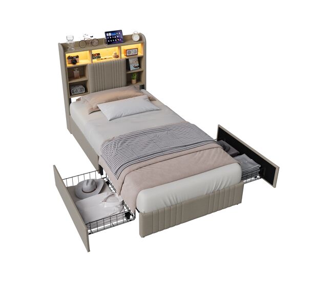 Cama con 2 cajones, USB, LED y somier 94x221