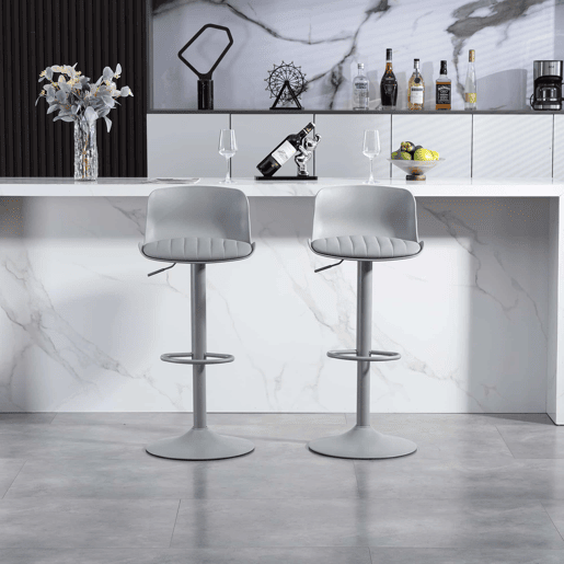 Conjunto de 2 bancos de bar 43×44×80 cm u2013 Giratórios a 360°, altura ajustável, assento em couro sintético e apoio para os pés u2013 Cinza Conjunto de 2 bancos de bar 43×44×80 cm u2013 Giratórios a 360°, altura ajustável, assento em couro sintético e apoio para os pés u2013 Cinza