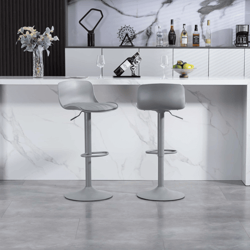 Conjunto de 2 bancos de bar 43×44×80 cm u2013 Giratórios a 360°, altura ajustável, assento em couro sintético e apoio para os pés u2013 Cinza Conjunto de 2 bancos de bar 43×44×80 cm u2013 Giratórios a 360°, altura ajustável, assento em couro sintético e apoio para os pés u2013 Cinza