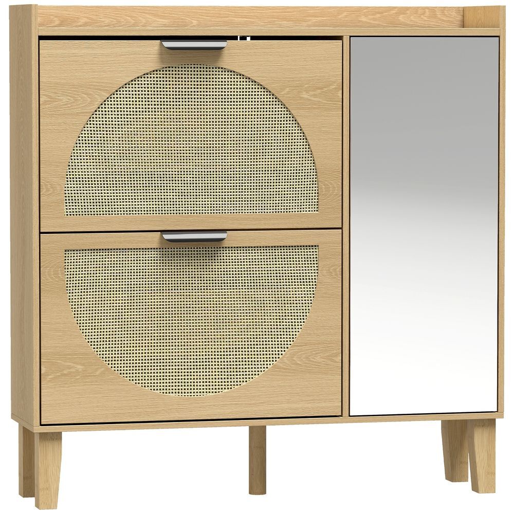 Homcom zapatero estrecho con espejo, 2 puertas de ratán, armario, zapatero entrada recibidor bohemio, 10 pares, estantes ajustables, patas de bambú, pasillo, salón, 94,5x24x96,5 cm, roble