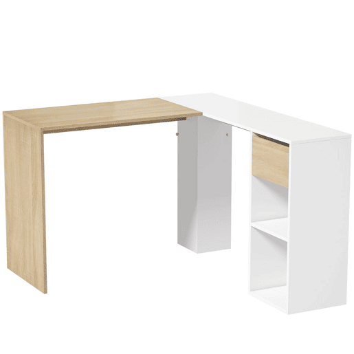 HOMCOM Secretária de Canto com Gaveta e 2 Prateleiras, 120x110 cm, Secretária em L com Arrumação, Branco e Natural HOMCOM Secretária de Canto com Gaveta e 2 Prateleiras, 120x110 cm, Secretária em L com Arrumação, Branco e Natural