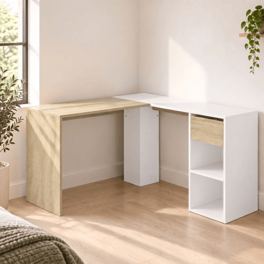 HOMCOM Secretária de Canto com Gaveta e 2 Prateleiras, 120x110 cm, Secretária em L com Arrumação, Branco e Natural HOMCOM Secretária de Canto com Gaveta e 2 Prateleiras, 120x110 cm, Secretária em L com Arrumação, Branco e Natural