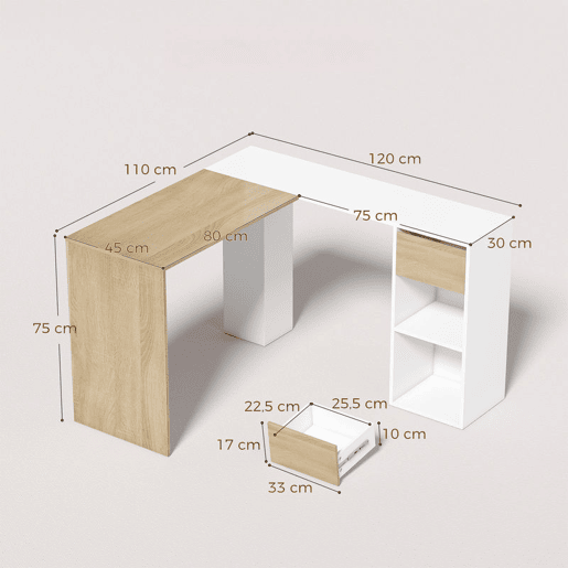 HOMCOM Secretária de Canto com Gaveta e 2 Prateleiras, 120x110 cm, Secretária em L com Arrumação, Branco e Natural HOMCOM Secretária de Canto com Gaveta e 2 Prateleiras, 120x110 cm, Secretária em L com Arrumação, Branco e Natural