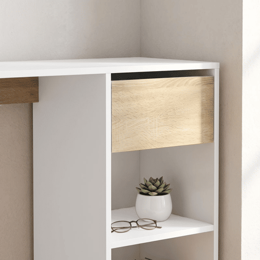 HOMCOM Secretária de Canto com Gaveta e 2 Prateleiras, 120x110 cm, Secretária em L com Arrumação, Branco e Natural HOMCOM Secretária de Canto com Gaveta e 2 Prateleiras, 120x110 cm, Secretária em L com Arrumação, Branco e Natural
