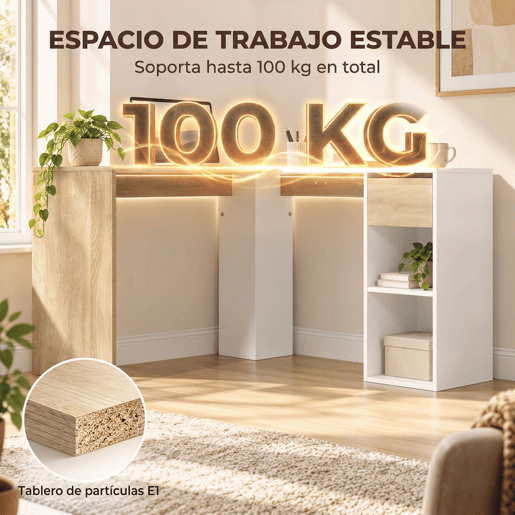 HOMCOM Secretária de Canto com Gaveta e 2 Prateleiras, 120x110 cm, Secretária em L com Arrumação, Branco e Natural HOMCOM Secretária de Canto com Gaveta e 2 Prateleiras, 120x110 cm, Secretária em L com Arrumação, Branco e Natural
