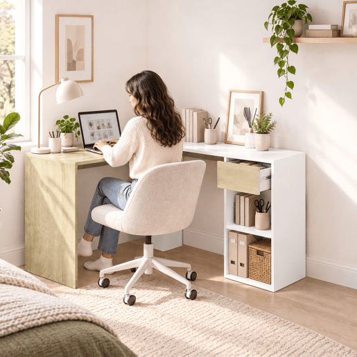 HOMCOM Secretária de Canto com Gaveta e 2 Prateleiras, 120x110 cm, Secretária em L com Arrumação, Branco e Natural HOMCOM Secretária de Canto com Gaveta e 2 Prateleiras, 120x110 cm, Secretária em L com Arrumação, Branco e Natural