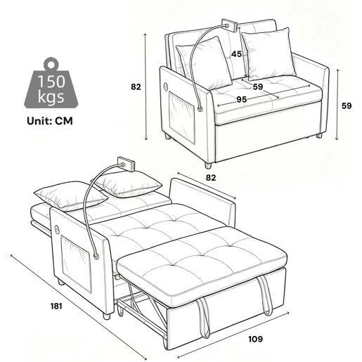 Sofá-cama individual 109×72×83,5 cm - Sofá-cama dobrável multifuncional em tecido, 1 lugar - Cinzento Sofá-cama individual 109×72×83,5 cm - Sofá-cama dobrável multifuncional em tecido, 1 lugar - Cinzento