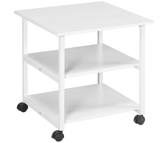 Homcom soporte para impresora de 3 niveles con ruedas, mueble para impresora con marco de acero, estantería multiusos para oficina, casa, 50x50x52,5 cm, blanco