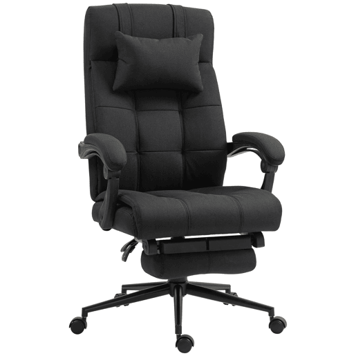Cadeira de Escritório Reclinável Giratória Estofada em Tecido Tipo Linho Altura Ajustável com Apoio para Pés Encosto de Cabeça e Apoios para Braços Carga Máxima 150 kg 66x76x112-120 cm Preto