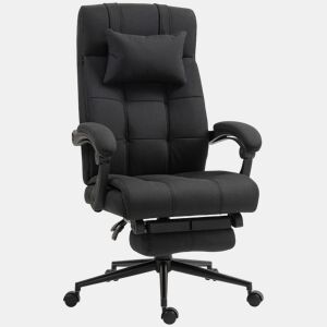 Cadeira de Escritório Reclinável Giratória Estofada em Tecido Tipo Linho Altura Ajustável com Apoio para Pés Encosto de Cabeça e Apoios para Braços Carga Máxima 150 kg 66x76x112-120 cm Preto