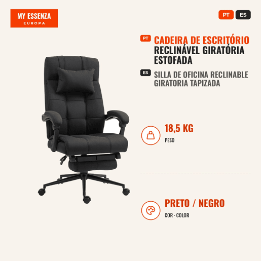 Cadeira de Escritório Reclinável Giratória Estofada em Tecido Tipo Linho Altura Ajustável com Apoio para Pés Encosto de Cabeça e Apoios para Braços Carga Máxima 150 kg 66x76x112-120 cm Preto