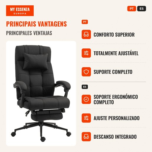 Cadeira de Escritório Reclinável Giratória Estofada em Tecido Tipo Linho Altura Ajustável com Apoio para Pés Encosto de Cabeça e Apoios para Braços Carga Máxima 150 kg 66x76x112-120 cm Preto
