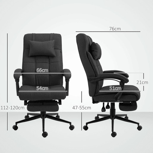 Cadeira de Escritório Reclinável Giratória Estofada em Tecido Tipo Linho Altura Ajustável com Apoio para Pés Encosto de Cabeça e Apoios para Braços Carga Máxima 150 kg 66x76x112-120 cm Preto