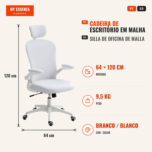Cadeira de Escritório em Malha, Cadeira Giratória com Função de Inclinação Encosto Alto Apoio de Cabeça Ajustável Suporte Lombar 4D Braços Dobráveis Altura Ajustável Branco, 62x64x120 cm Cadeira de Escritório em Malha, Cadeira Giratória com Função de Inclinação Encosto Alto Apoio de Cabeça Ajustável Suporte Lombar 4D Braços Dobráveis Altura Ajustável Branco, 62x64x120 cm