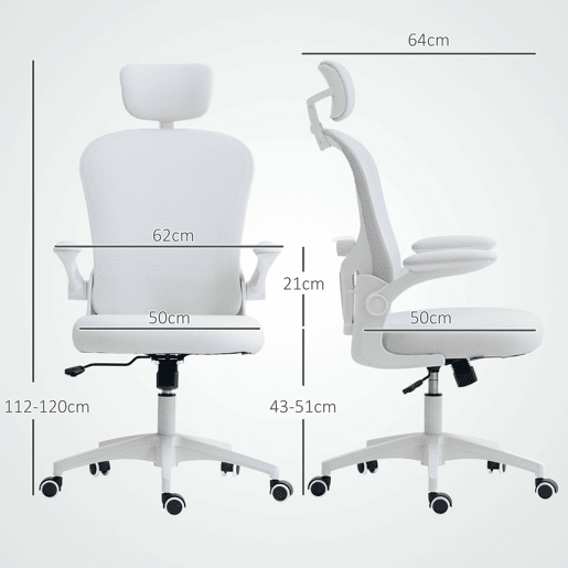Cadeira de Escritório em Malha, Cadeira Giratória com Função de Inclinação Encosto Alto Apoio de Cabeça Ajustável Suporte Lombar 4D Braços Dobráveis Altura Ajustável Branco, 62x64x120 cm Cadeira de Escritório em Malha, Cadeira Giratória com Função de Inclinação Encosto Alto Apoio de Cabeça Ajustável Suporte Lombar 4D Braços Dobráveis Altura Ajustável Branco, 62x64x120 cm