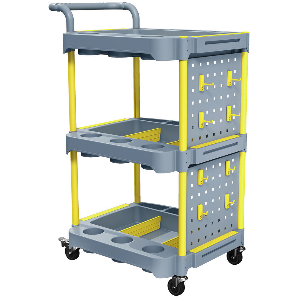 Homcom carro de herramientas con ruedas de 3 niveles, carro de taller con panel perforado, 8 ganchos, estructura de aluminio, para garaje, taller o almacén, gris y amarillo