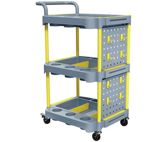 Homcom carro de herramientas con ruedas de 3 niveles, carro de taller con panel perforado, 8 ganchos, estructura de aluminio, para garaje, taller o almacén, gris y amarillo