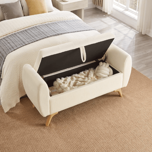 Banco dobrável em veludo 145×51×57 cm - Com espaço de arrumação e pés de madeira - Bege Banco dobrável em veludo 145×51×57 cm - Com espaço de arrumação e pés de madeira - Bege