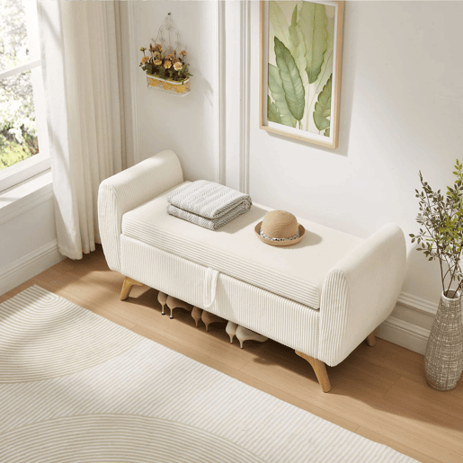 Banco dobrável em veludo 145×51×57 cm - Com espaço de arrumação e pés de madeira - Bege Banco dobrável em veludo 145×51×57 cm - Com espaço de arrumação e pés de madeira - Bege