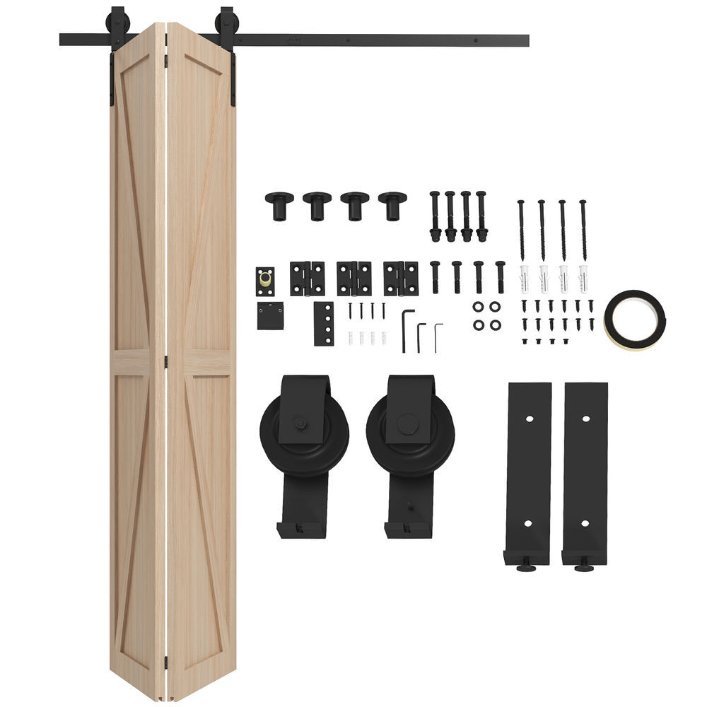 Homcom 5ft/152cm herrajes para puerta corredera plegable kit de accesorios para puertas corredizas con riel para granero negro