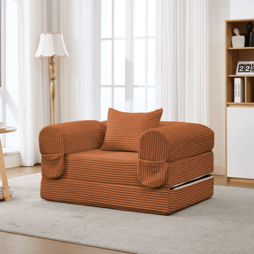 Poltrona-cama individual 120x85x65 cm - 2 em 1, dobrável, estofada em veludo cotelê - Laranja