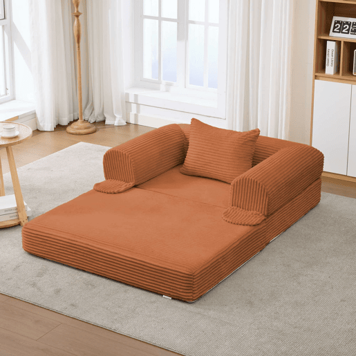 Poltrona-cama individual 120x85x65 cm - 2 em 1, dobrável, estofada em veludo cotelê - Laranja