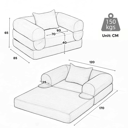Poltrona-cama individual 120x85x65 cm - 2 em 1, dobrável, estofada em veludo cotelê - Laranja